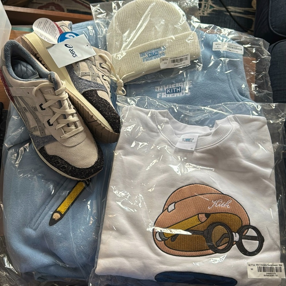 KITH x Invisible Friends x ASICS varsity jacket, crew neck, beanie, sneakers set